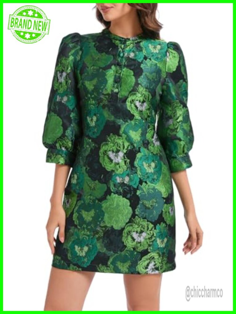 Women's Floral Jacquard Mini Shift Dress 3/4 Sleeve Button Down